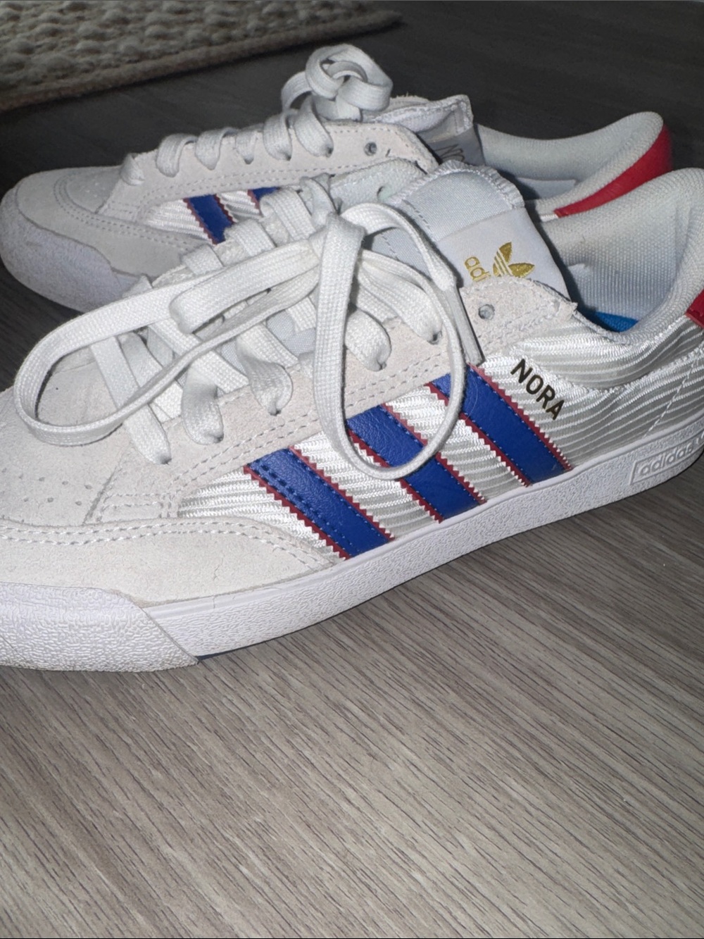 adidas White Sneakers with Blue and Red Stripes